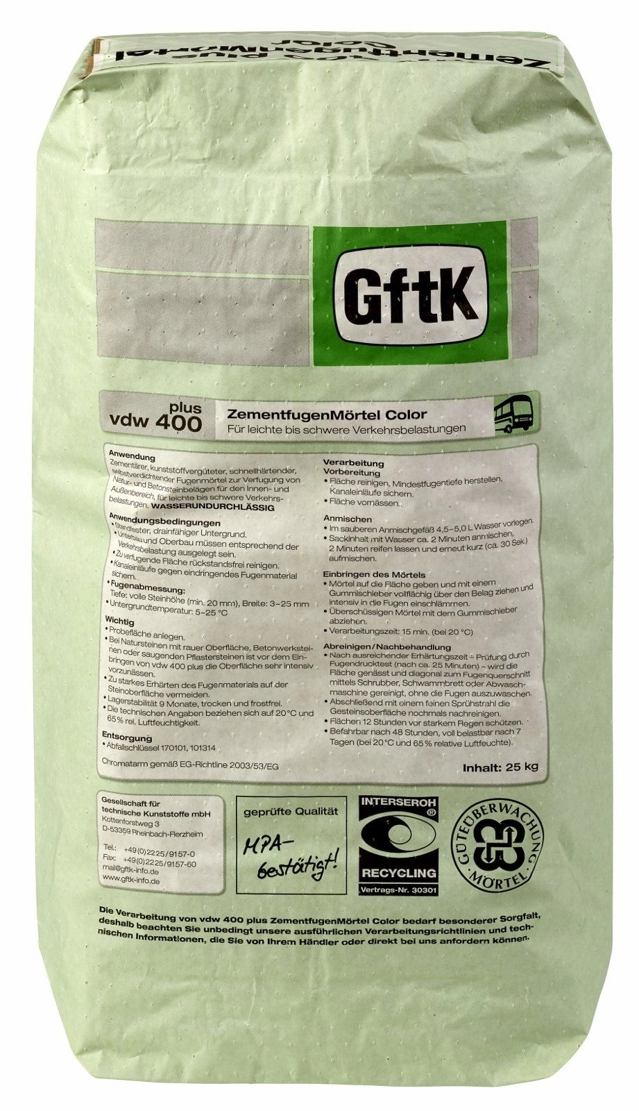Zementfugenmörtel GFTK VDW 400 25 Kg Sack 
